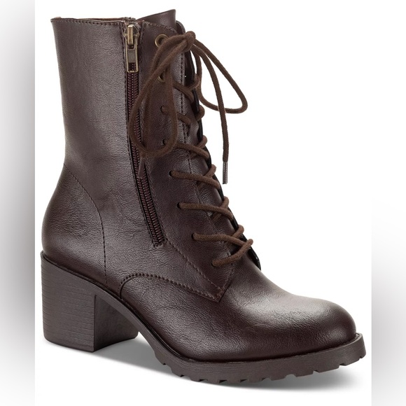 NWOT Sheilaa Lace-Up Zip Lug Chocolate Combat Booties - Picture 1 of 4